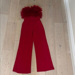 Valentine Elegant Red Feather-Trimmed Jumpsuit